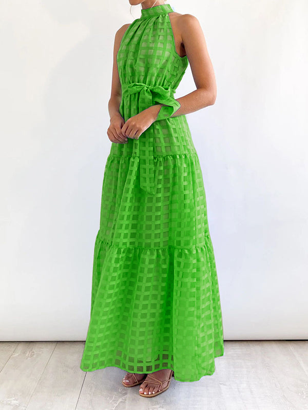 xakxx Loose Sleeveless Plaid Ribbed Stand Collar Maxi Dresses