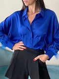 xakxx Loose Wrap Feathers Solid Color Split-Joint Lapel Collar Blouses&Shirts Tops
