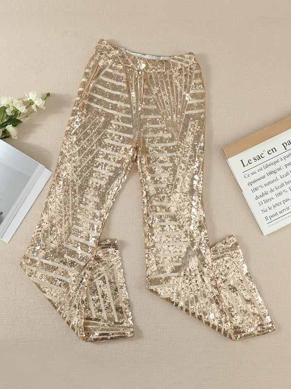 xakxx Flared Pants High Waisted Contrast Color Striped Sequined Pants