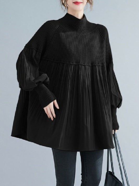 xakxx Long Sleeves Loose Pleated Split-Joint High Neck Sweater Tops