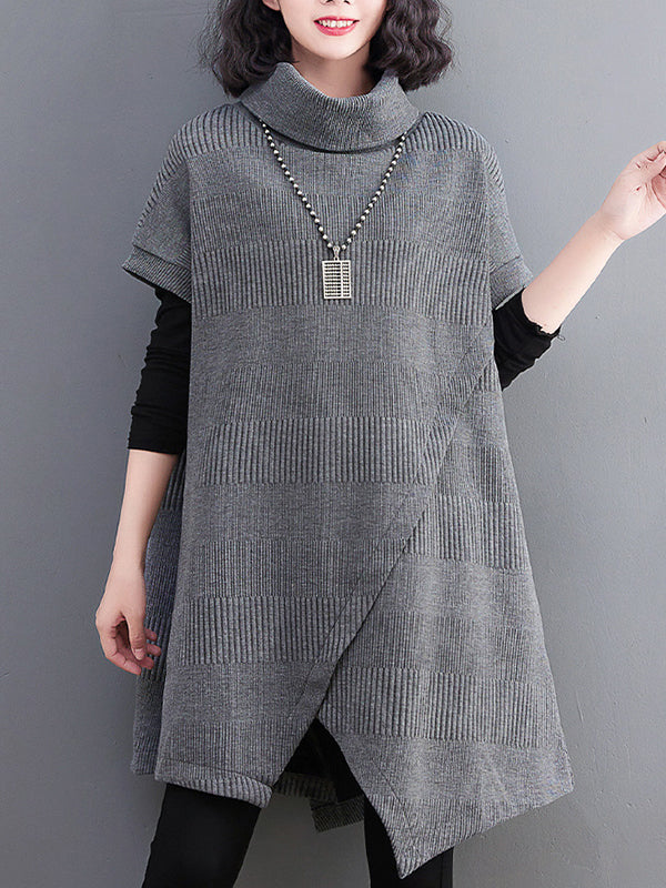 xakxx Short Sleeves Asymmetric Solid Color Split-Front High-Neck Knitwear Mini Dresses