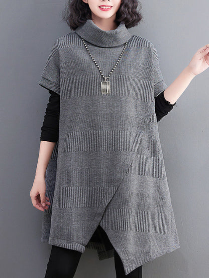 xakxx Short Sleeves Asymmetric Solid Color Split-Front High-Neck Knitwear Mini Dresses