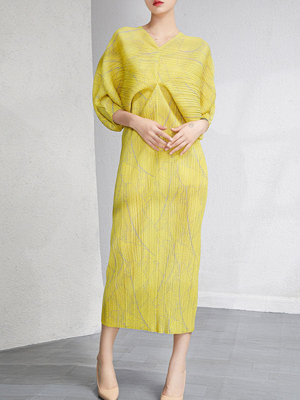 xakxx Urban Loose Batwing Sleeves Printed Pleated V-Neck Midi Dresses
