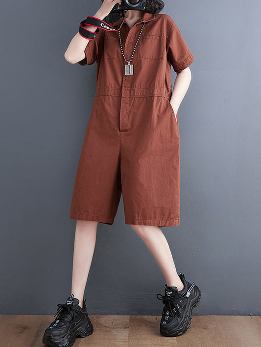 xakxx Simple Solid Color Lapel Short Sleeve Jumpsuits