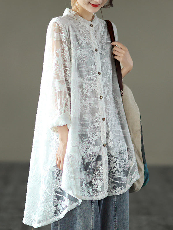 xakxx Vintage Loose Embroidered Lace Hollow Blouse