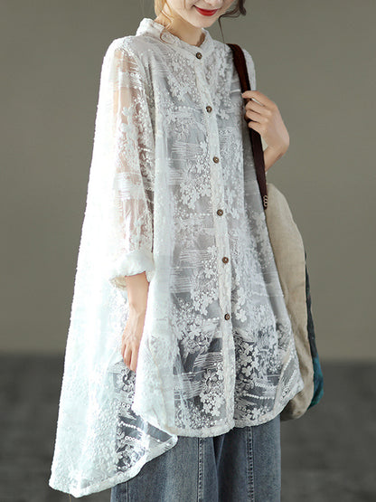 xakxx Vintage Loose Embroidered Lace Hollow Blouse