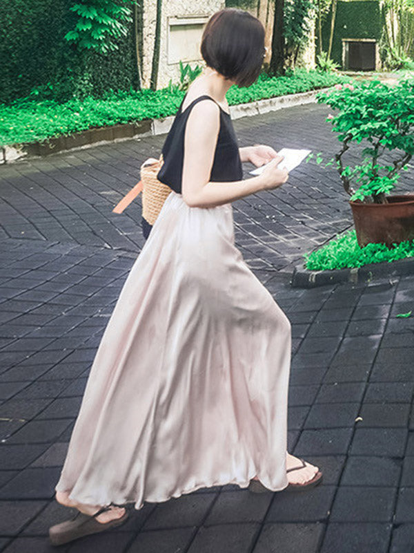 xakxx Simple Solid Color Elasticity High Waisted Wide Leg Pants
