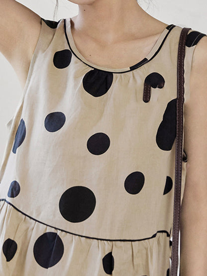 xakxx Loose Sleeveless Contrast Color Pleated Polka-Dot Split-Joint Tied Waist Round-Neck Midi Dresses