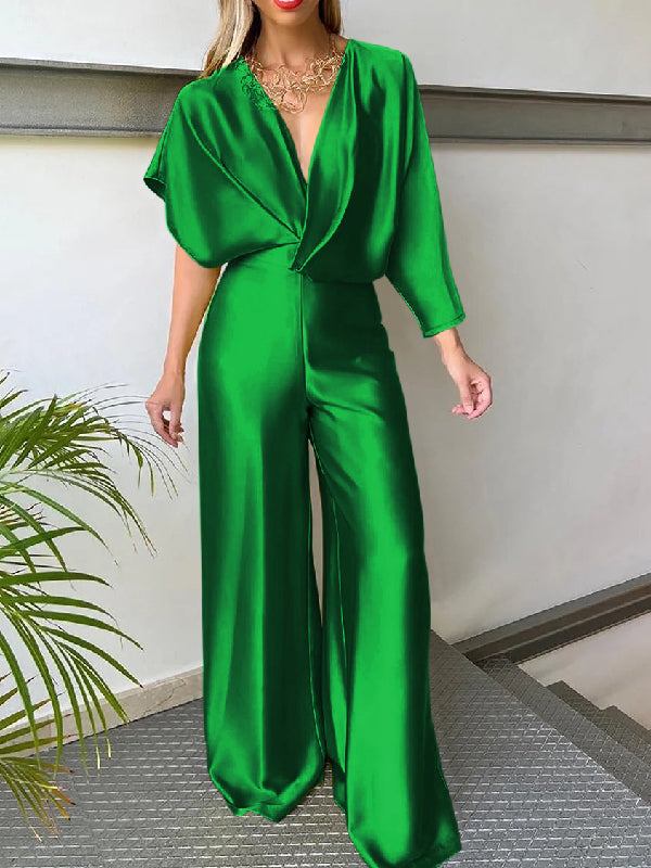 xakxx Asymmetric Solid Color Deep V-Neck Jumpsuits
