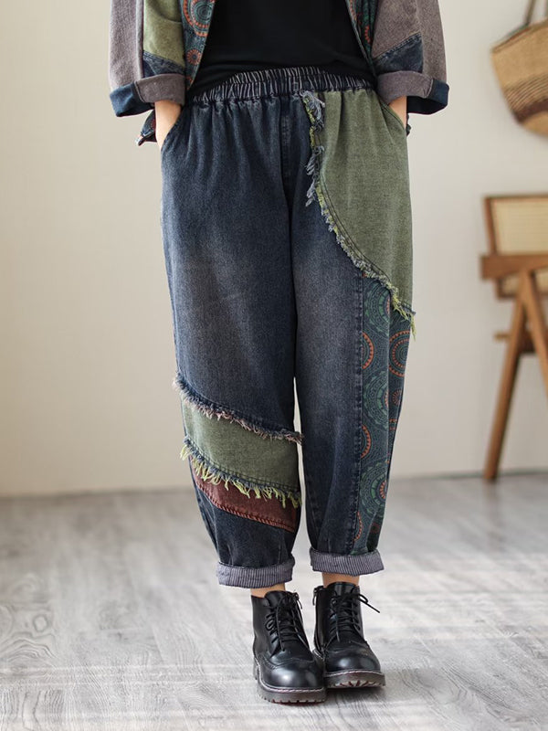 xakxx Contrast Color Fringed Split-Joint Long Sleeves Printed Outwear + Harem Pants  Two Pieces Set