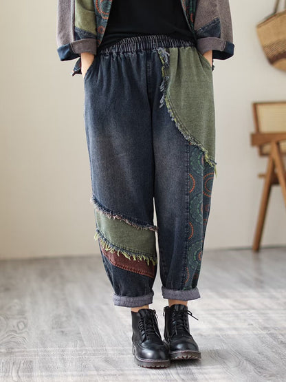 xakxx Contrast Color Fringed Split-Joint Long Sleeves Printed Outwear + Harem Pants  Two Pieces Set