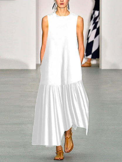 xakxx A-Line Loose Solid Color Split-Joint Round-Neck Maxi Dresses
