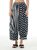 xakxx Loose Wide Leg Contrast Color Elasticity Polka-Dot Split-Joint Striped Cropped Trousers Pants