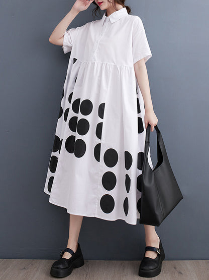 xakxx A-Line Loose Buttoned Pockets Polka Dot Printed Lapel Midi Dresses