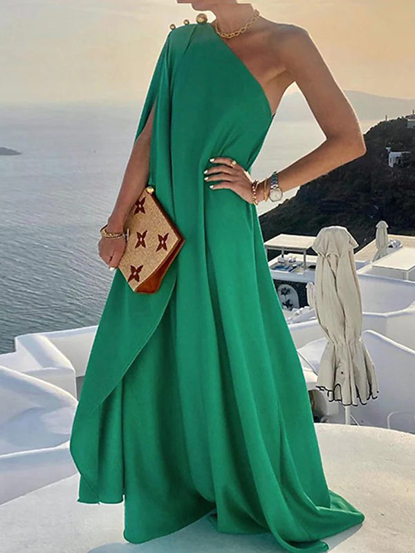 xakxx Simple Asymmetric Solid Color One-Shoulder Maxi Dresses