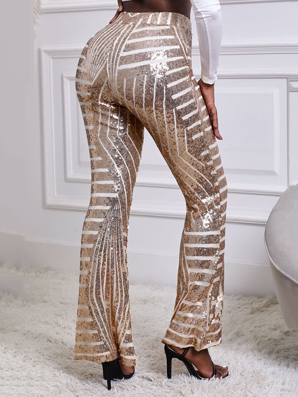 xakxx Flared Pants High Waisted Contrast Color Striped Sequined Pants