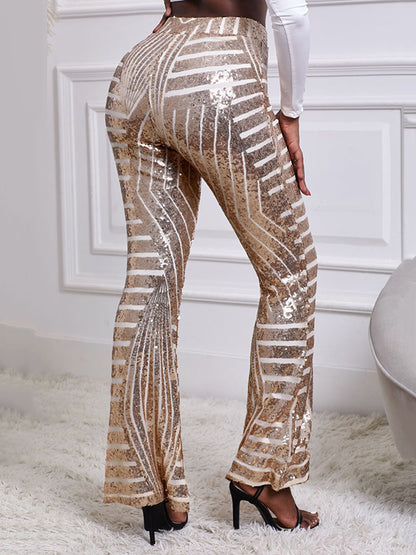 xakxx Flared Pants High Waisted Contrast Color Striped Sequined Pants
