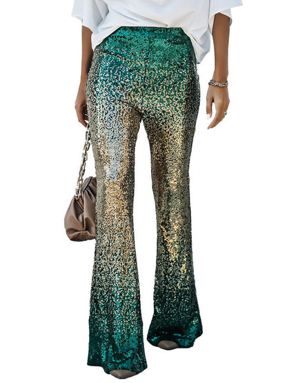 xakxx Flared Pants Skinny Leg Contrast Color Gradient Sequined Shiny Pants Bottoms