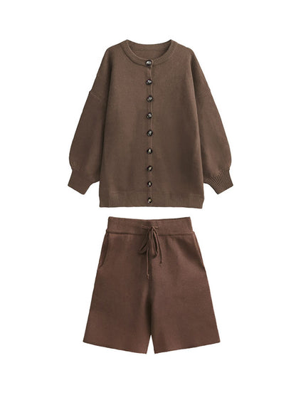 xakxx Long Sleeves Loose Buttoned Round-Neck Sweater Top + Drawstring Shorts Bottom Two Pieces Set
