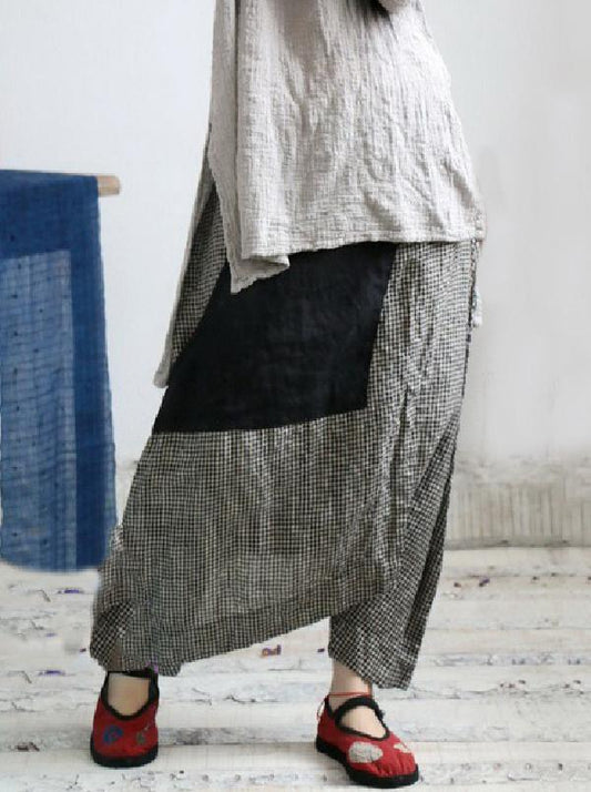 xakxx Vintage Plaid Split-joint Cropped Linen Pants