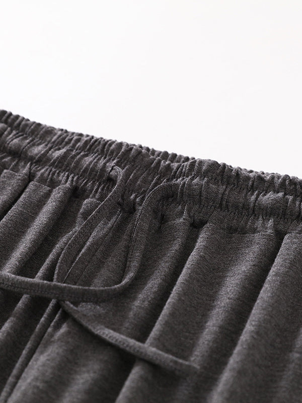 xakxx High Waisted Loose Drawstring Elasticity Solid Color Casual Pants Bottoms Trousers