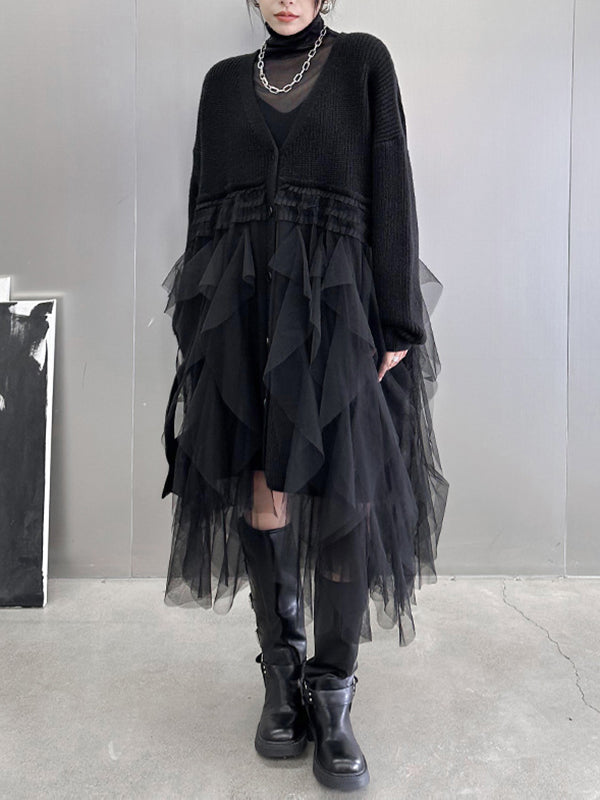 xakxx Long Sleeves Loose Buttoned Pleated Solid Color Split-Joint Tulle Velvet V-Neck Cardigan Tops