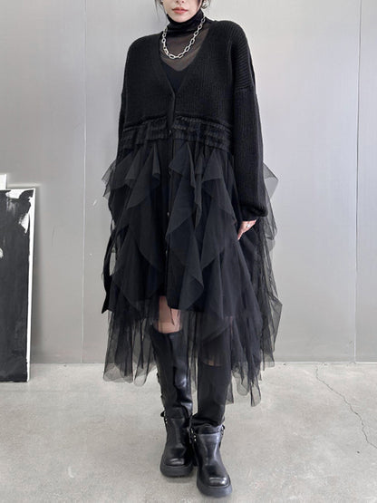 xakxx Long Sleeves Loose Buttoned Pleated Solid Color Split-Joint Tulle Velvet V-Neck Cardigan Tops
