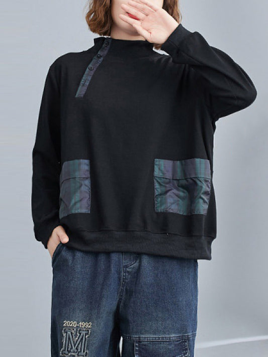 xakxx Simple Long Sleeves Loose Split-Joint Solid Color High-Neck Sweatshirt Tops