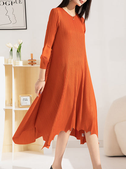 xakxx Irregular Clipping Loose Pleated Solid Color Round-Neck Midi Dresses