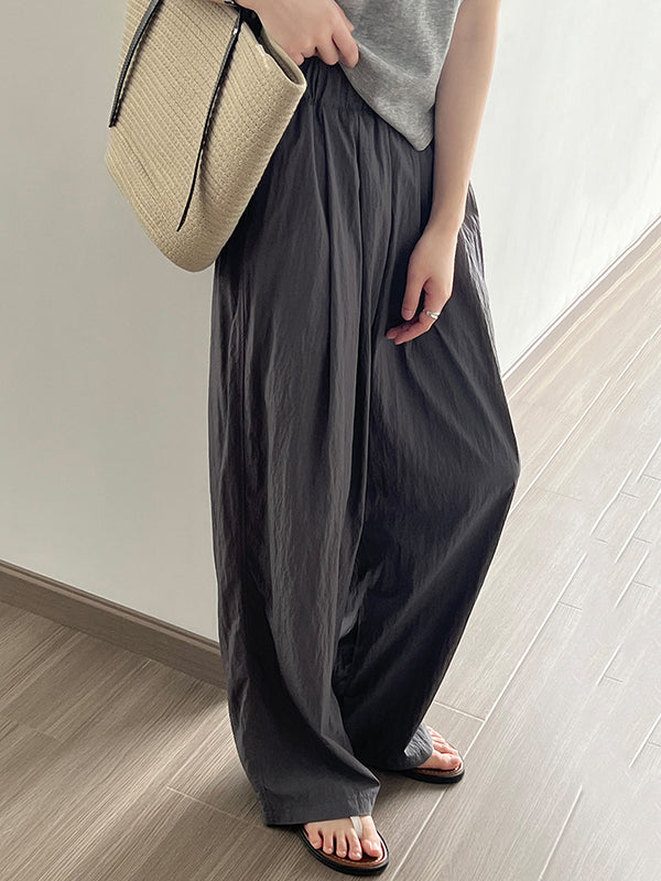 xakxx High Waisted Wide Leg Elasticity Pleated Solid Color Casual Pants Bottoms Trousers