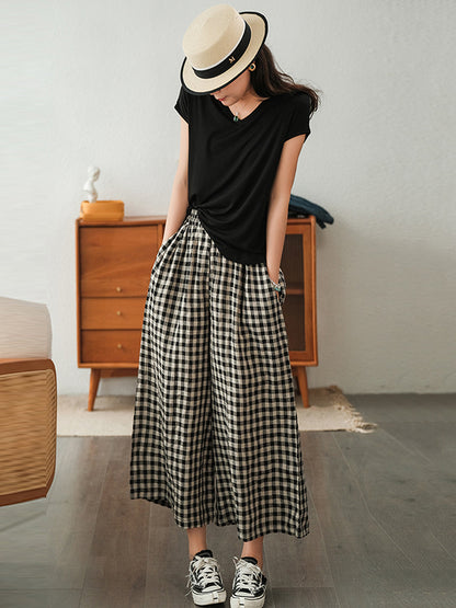 xakxx Artistic Retro Linen Loose Wide Legs Plaid Drawstring Pants
