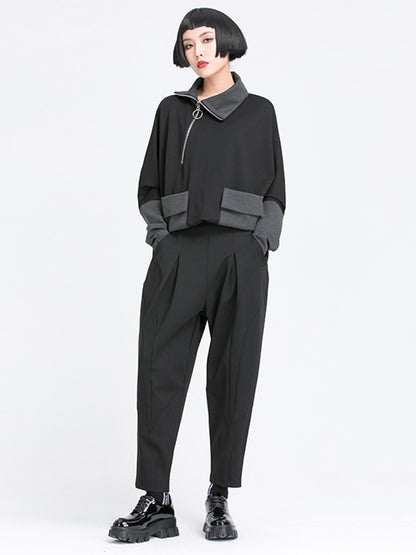xakxx Simple Casual Split-Joint Pleats Black Harem Pants
