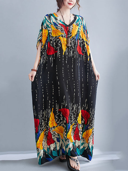 xakxx Ethnic Printed Vintage Super Loose Batwing Sleeve Dress