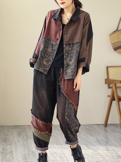 xakxx Contrast Color Fringed Split-Joint Long Sleeves Printed Outwear + Harem Pants  Two Pieces Set
