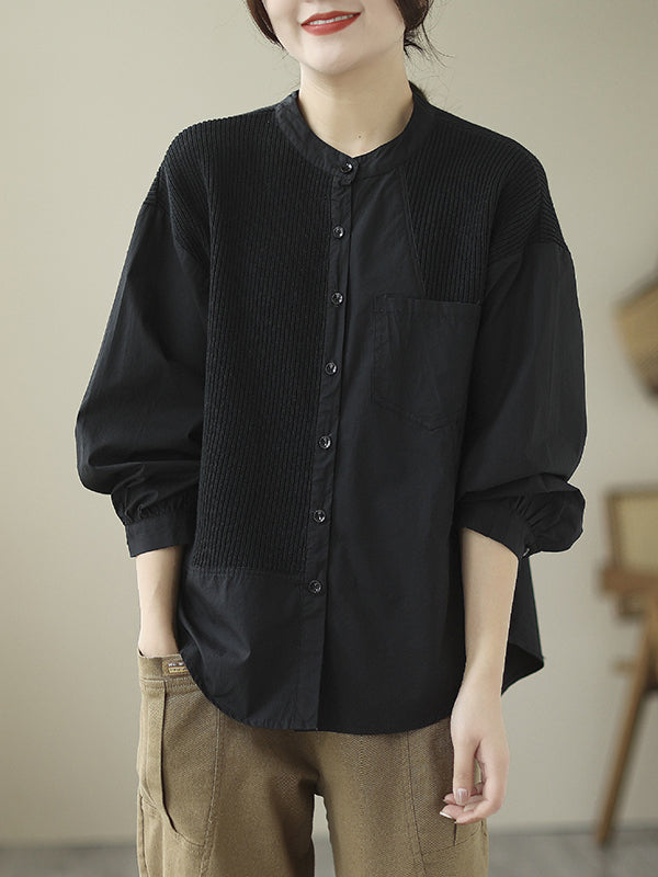 xakxx Long Sleeves Loose Asymmetric Buttoned Pockets Split-Joint Round-Neck Blouses&Shirts Tops
