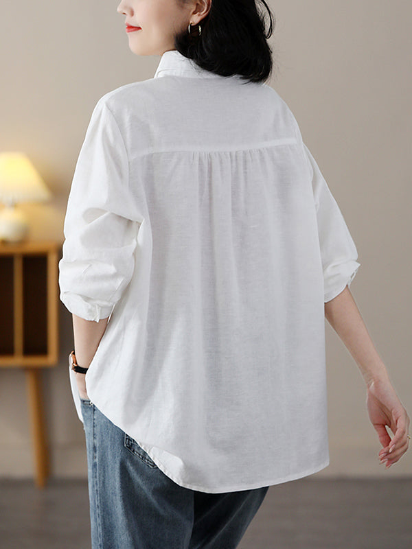 xakxx Long Sleeves Loose Contrast Color Feathers Printed Lapel Blouses