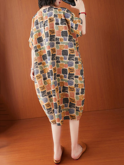 xakxx Artistic Retro Colorful Plaid Short Sleeve Dress
