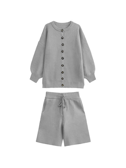 xakxx Long Sleeves Loose Buttoned Round-Neck Sweater Top + Drawstring Shorts Bottom Two Pieces Set
