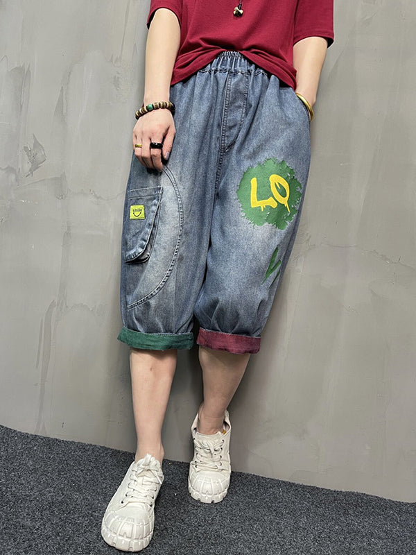 xakxx Harem Pants Loose Elasticity Printed Split-Joint Jean Pants Bottoms
