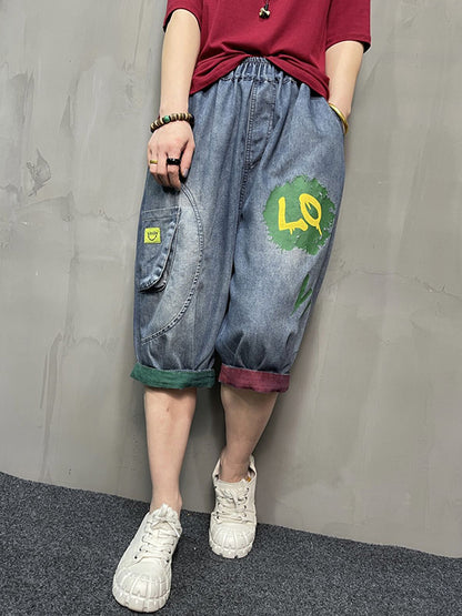 xakxx Harem Pants Loose Elasticity Printed Split-Joint Jean Pants Bottoms