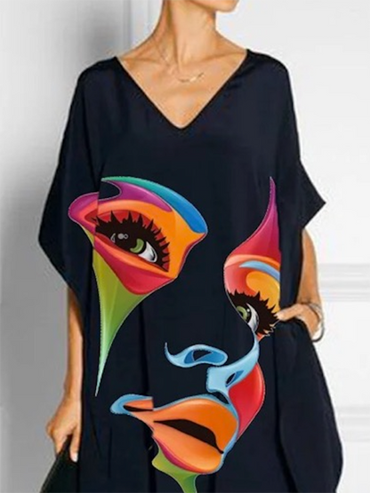 xakxx Half Sleeves Loose Contrast Color Face Printed V-Neck Maxi Dresses