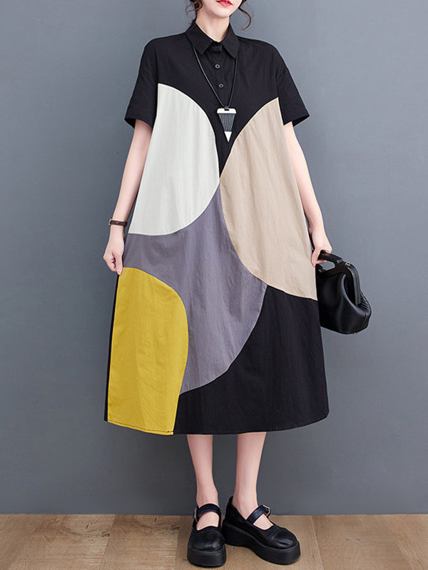 xakxx Loose Oversize Color-Block Contrast Color Split-Joint Lapel Midi Dresses Shirt Dress