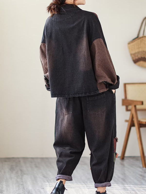 xakxx Contrast Color Fringed Split-Joint Long Sleeves Printed Outwear + Harem Pants  Two Pieces Set