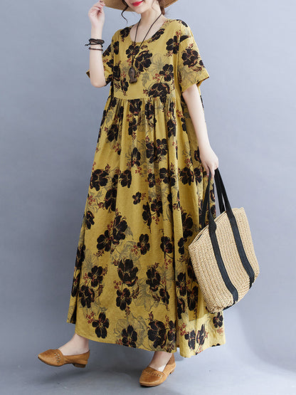 xakxx Loose Short Sleeves Pleated Printed Split-Joint Round-Neck Midi Dresses