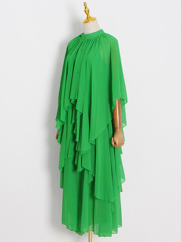 xakxx Loose Raglan Sleeve Solid Color Tiered Stand Collar Maxi Dresses