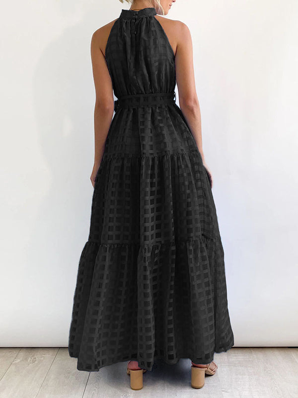 xakxx Loose Sleeveless Plaid Ribbed Stand Collar Maxi Dresses