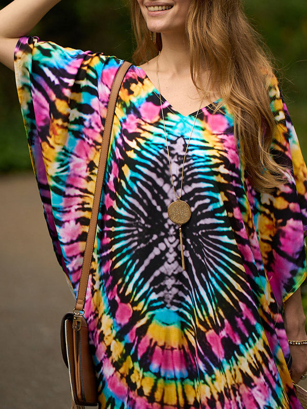 xakxx Batwing Sleeves Loose Printed Split-Side V-Neck Beach Cover-Up Maxi Dresses