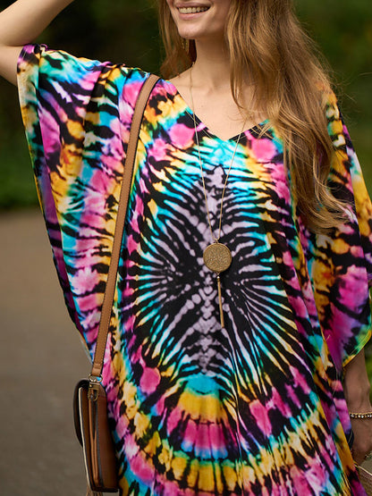 xakxx Batwing Sleeves Loose Printed Split-Side V-Neck Beach Cover-Up Maxi Dresses