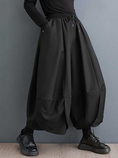xakxx High Waisted Loose Drawstring Pleated Solid Color Pants Trousers