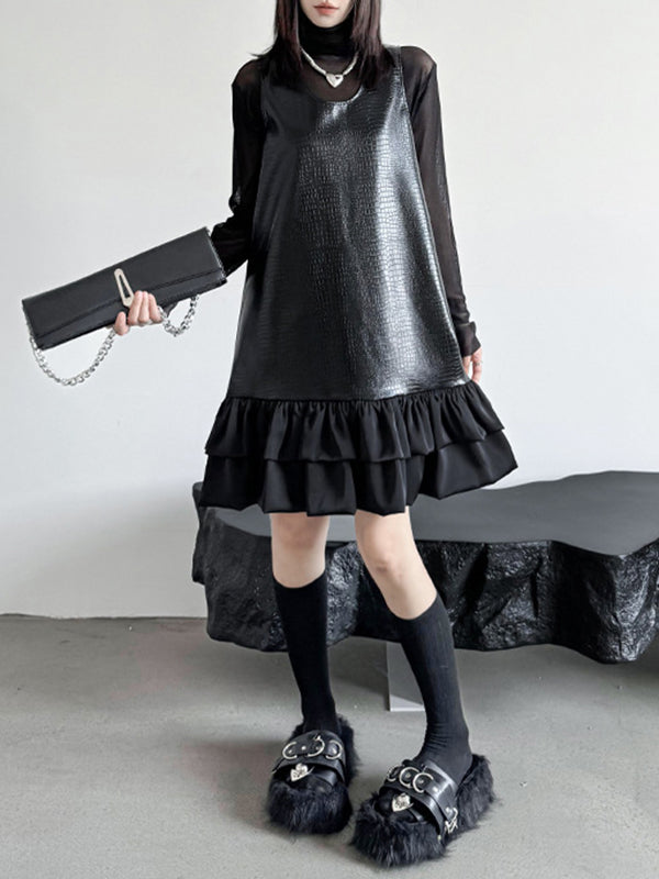 xakxx A-Line Loose Pleated Split-Joint U-Neck Mini Dresses